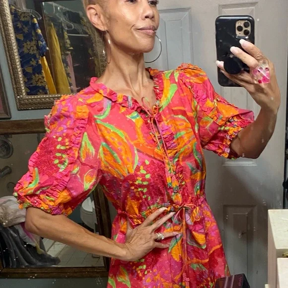 Farm Rio Fruit brush mini dress puff sleeves M L ruffles fringe organic cotton - Picture 5 of 11